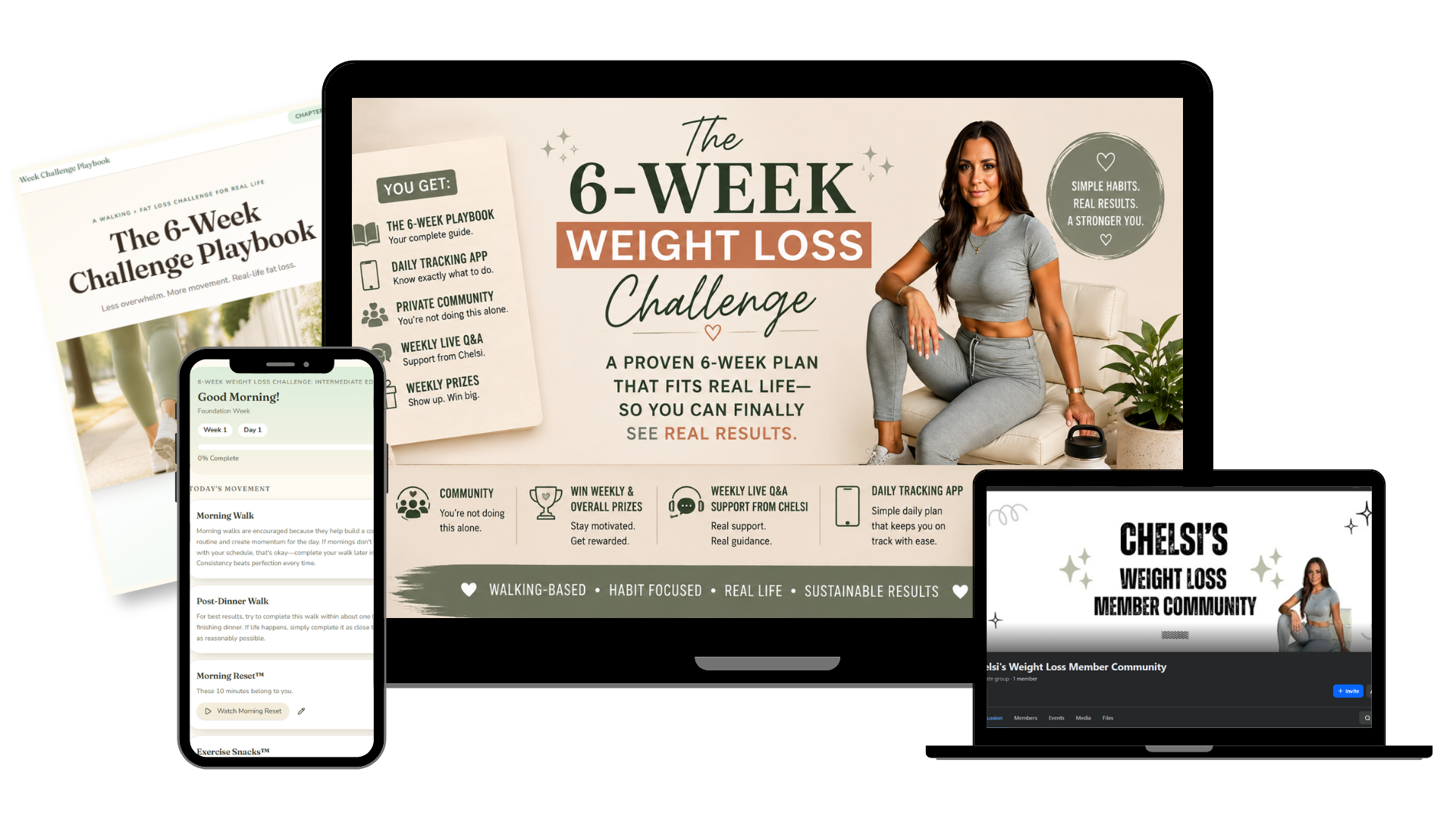 The 6-Week Weight Loss Challenge shown on a desktop, phone app and community page