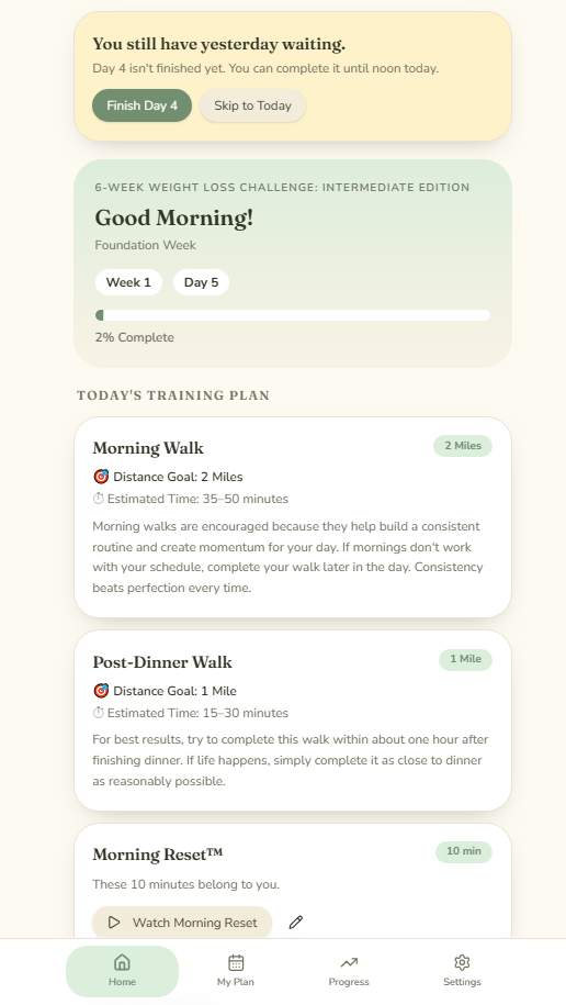 Daily challenge app home screen showing today's training plan