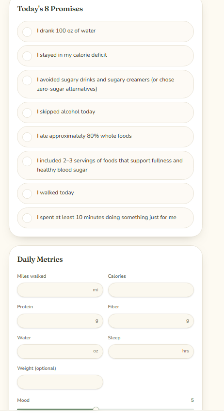 Daily check-in screen with the 8 daily promises and metrics